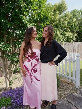Anthropologie Pink Strapless Maxi Dress with Burgundy Floral Print- Wedding